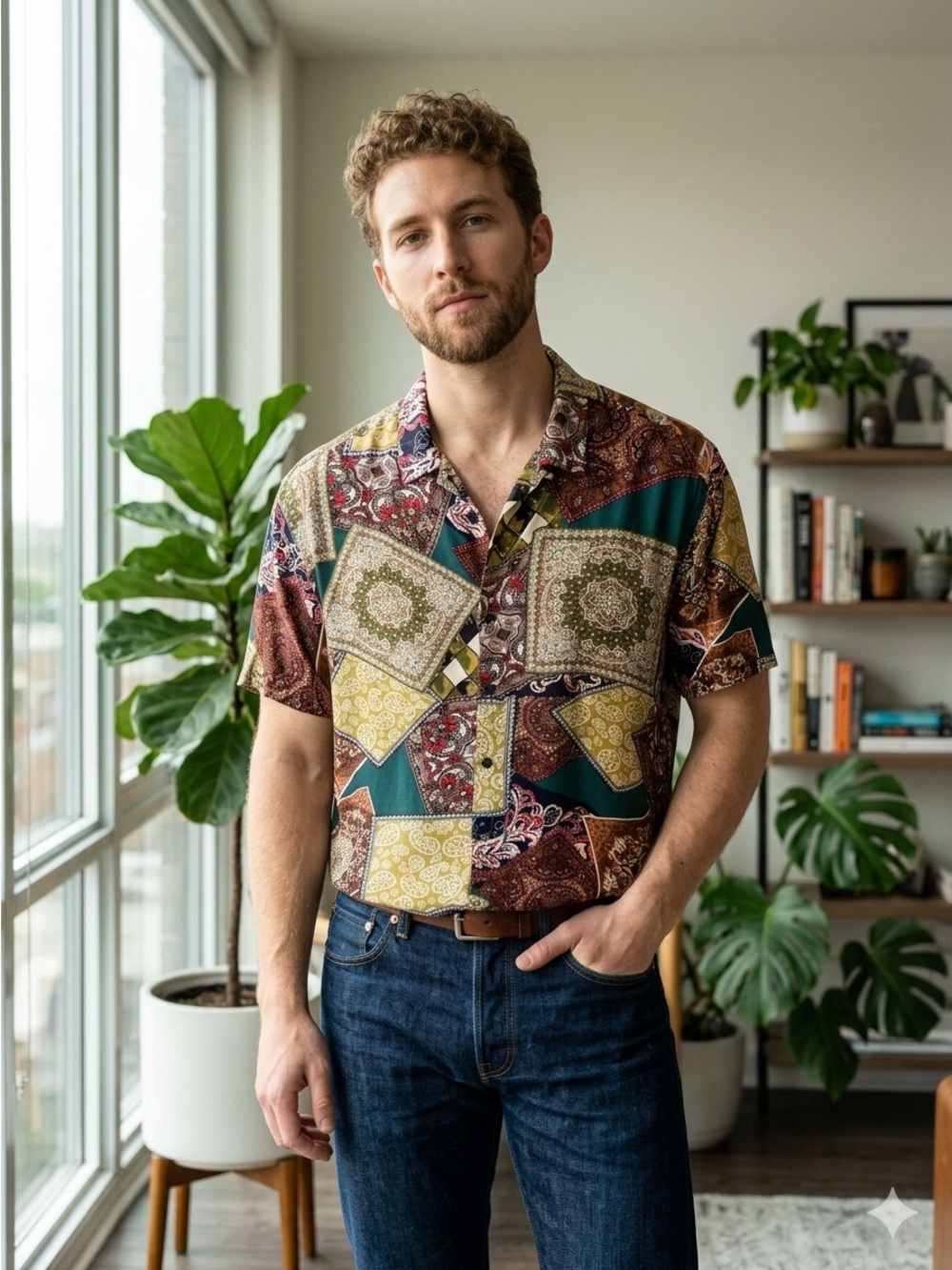 Men's Short Sleeve Patchwork Paisley Shirt - Green/Red/Gold Coofandy Size Med